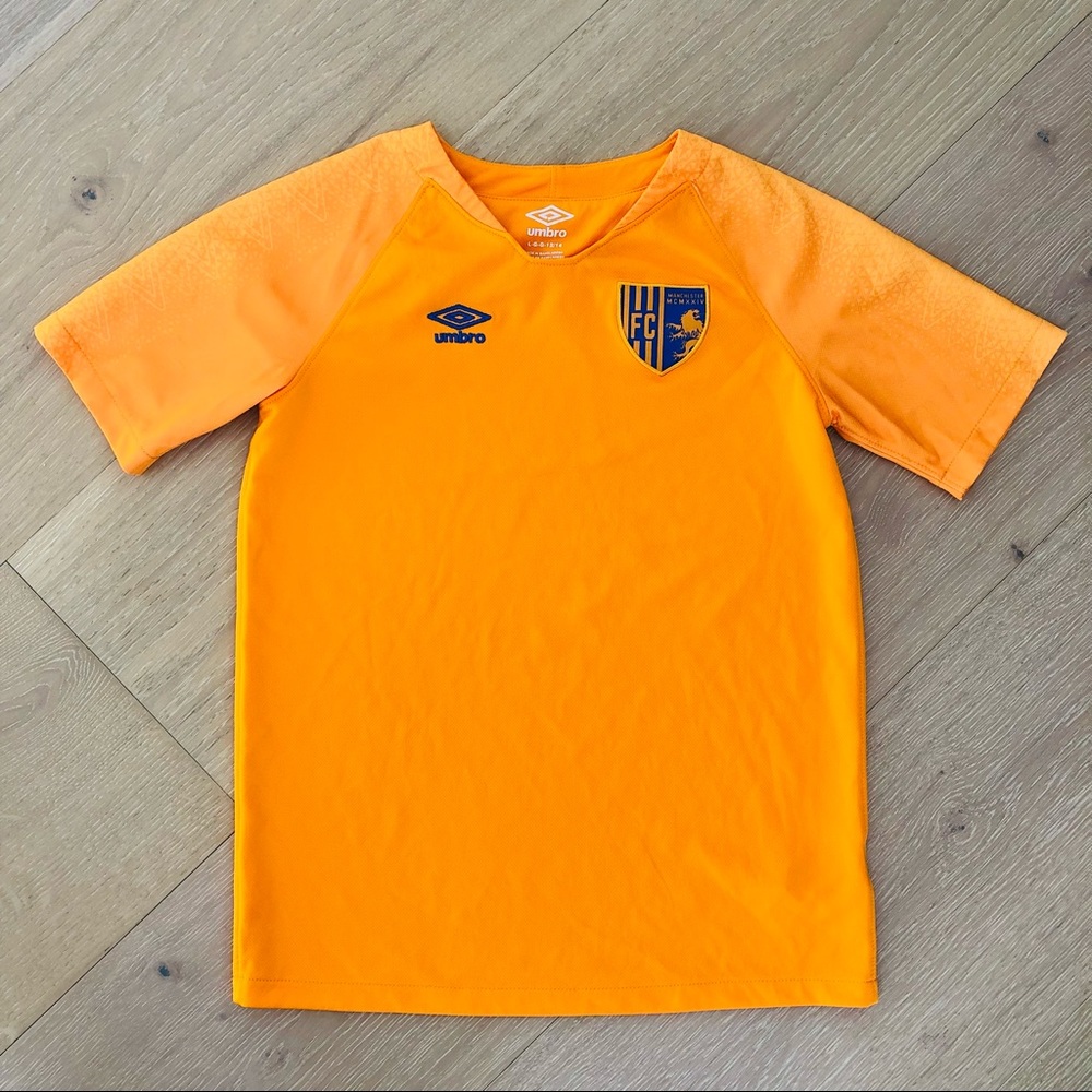 ⭐️Umbro⭐️Manchester United Soccer Jersey Shirt Orange Blue Logo Youth Kids 12/14